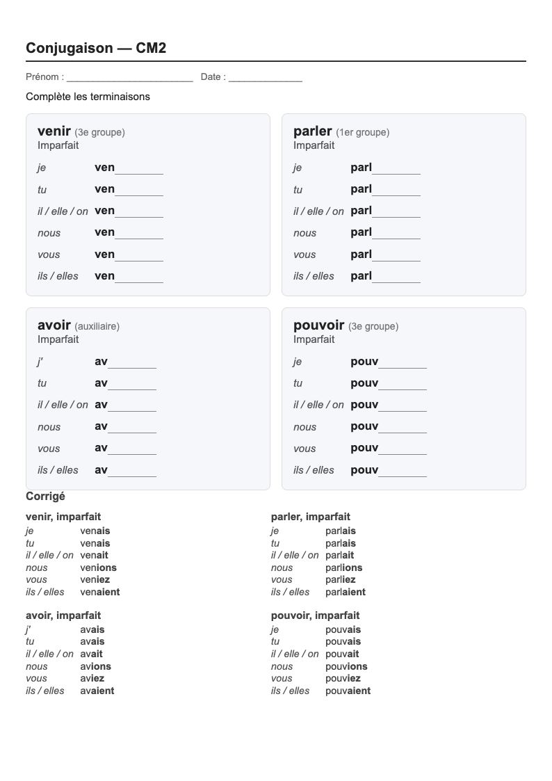Conjugaison — CM2 : l'imparfait, fiches d'exercices à imprimer