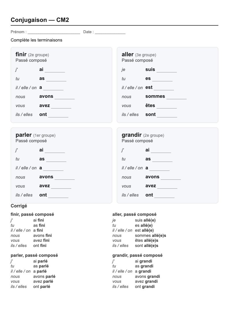 Conjugaison — CM2 : le passé composé, fiches d'exercices à imprimer