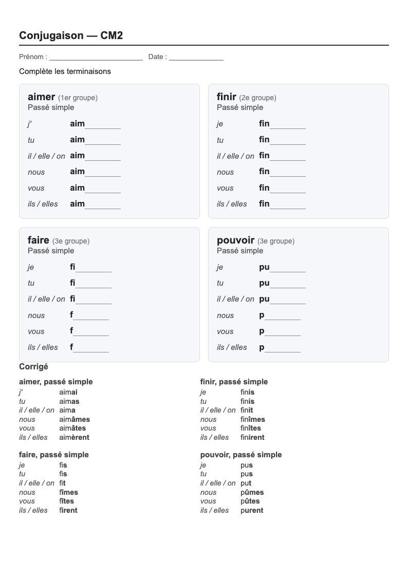 Conjugaison — CM2 : le passé simple, fiches d'exercices à imprimer