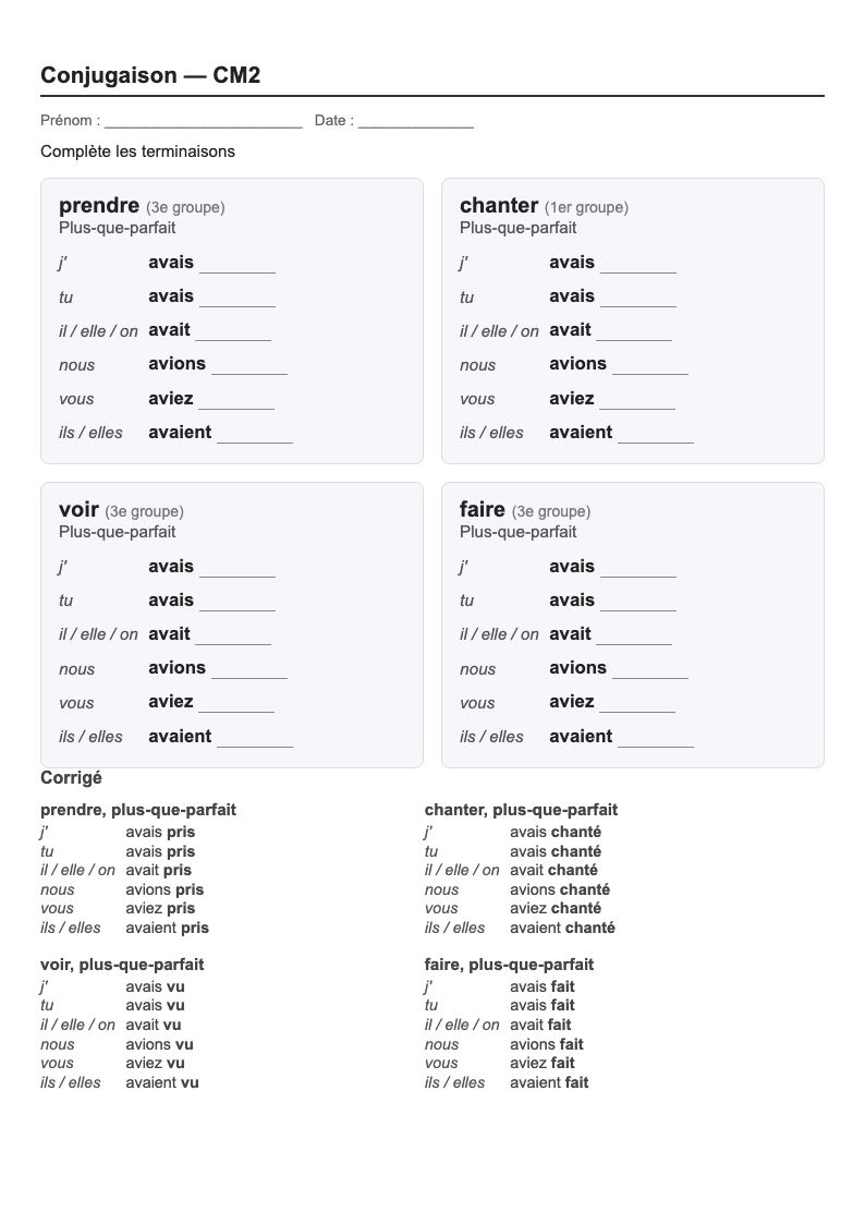 Conjugaison — CM2 : le plus-que-parfait, fiches d'exercices à imprimer