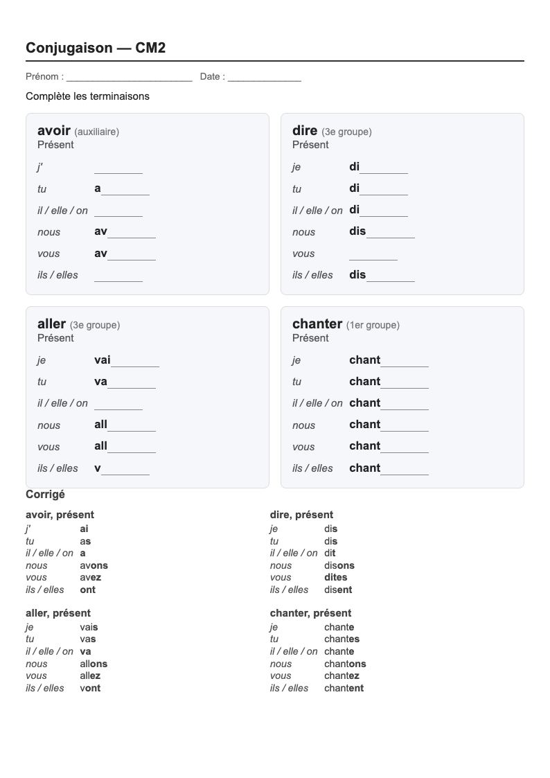 Conjugaison — CM2 : le présent, fiches d'exercices à imprimer