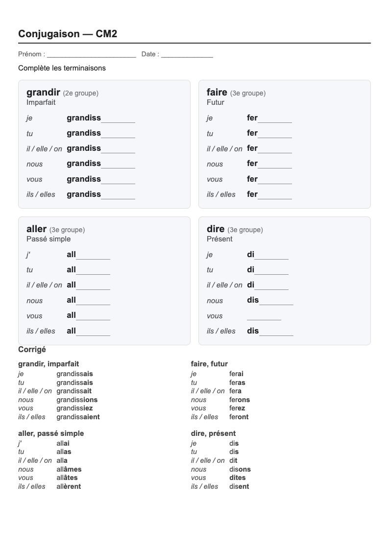 Conjugaison — CM2 : fiches d'exercices à imprimer