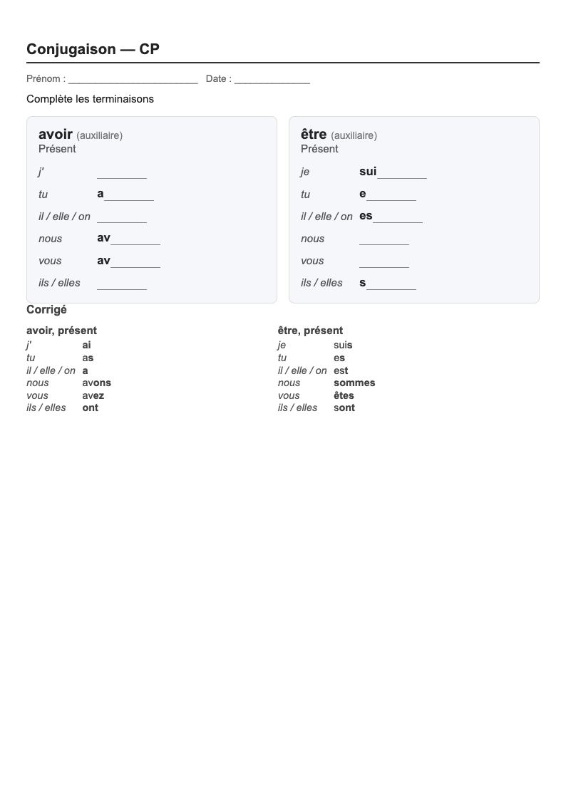 Conjugaison — CP : fiches d'exercices à imprimer
