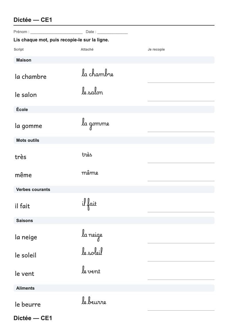 Dictée — CE1 : fiches d'exercices à imprimer