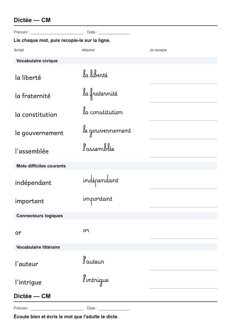 Dictée — CM1 → CM2 : fiches d'exercices à imprimer