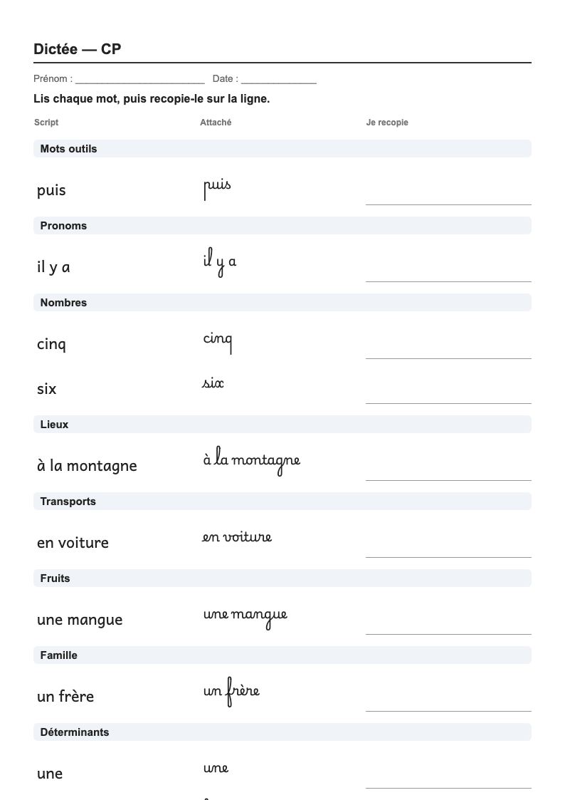 Dictée — CP : fiches d'exercices à imprimer