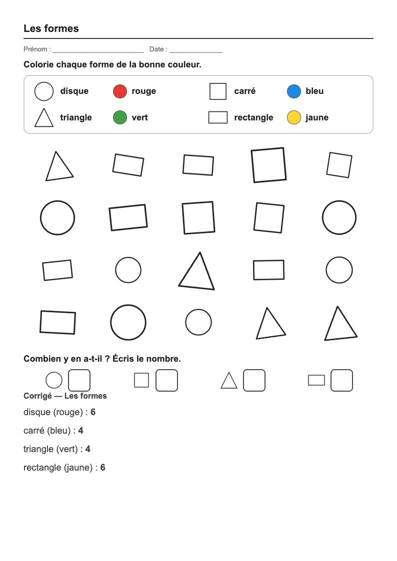 Les formes — GS : fiches d'exercices à imprimer