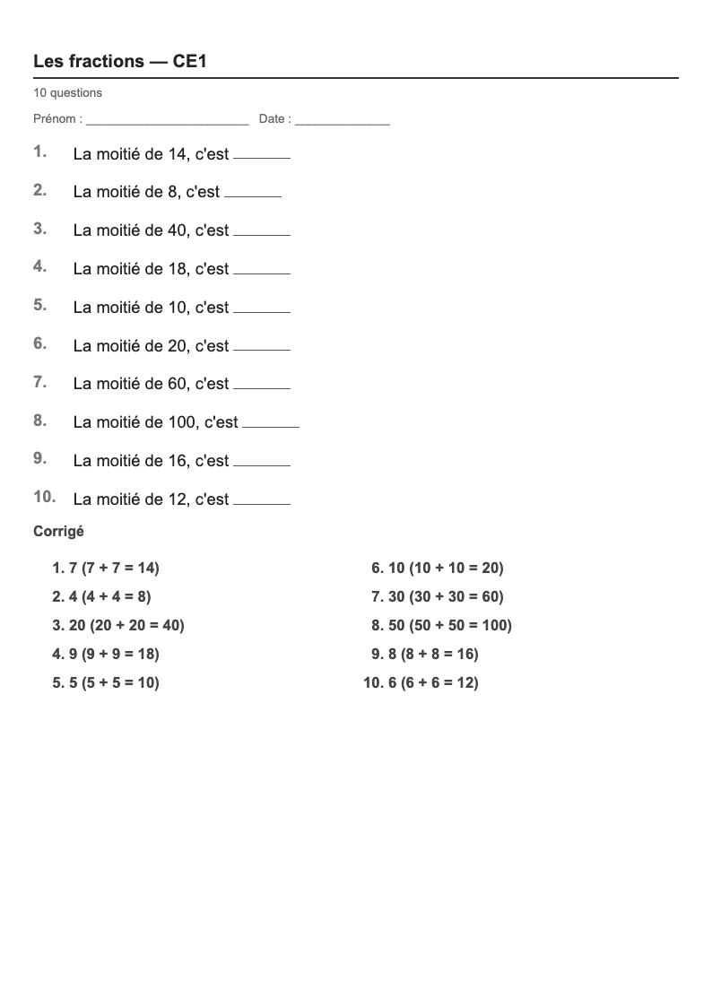 Les fractions — CE1 : la moitié de…, fiches d'exercices à imprimer
