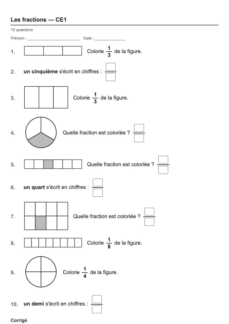 Les fractions — CE1 : un demi, un tiers, un quart…, fiches d'exercices à imprimer