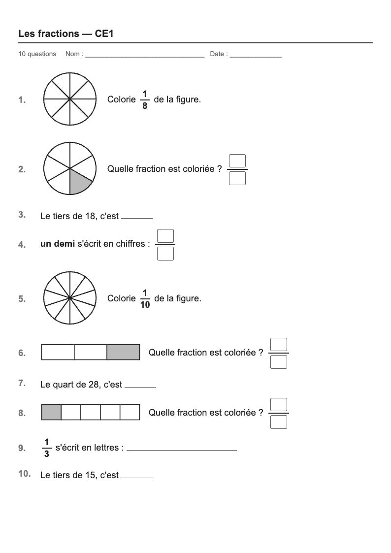 Les fractions — CE1 : fiches d'exercices à imprimer