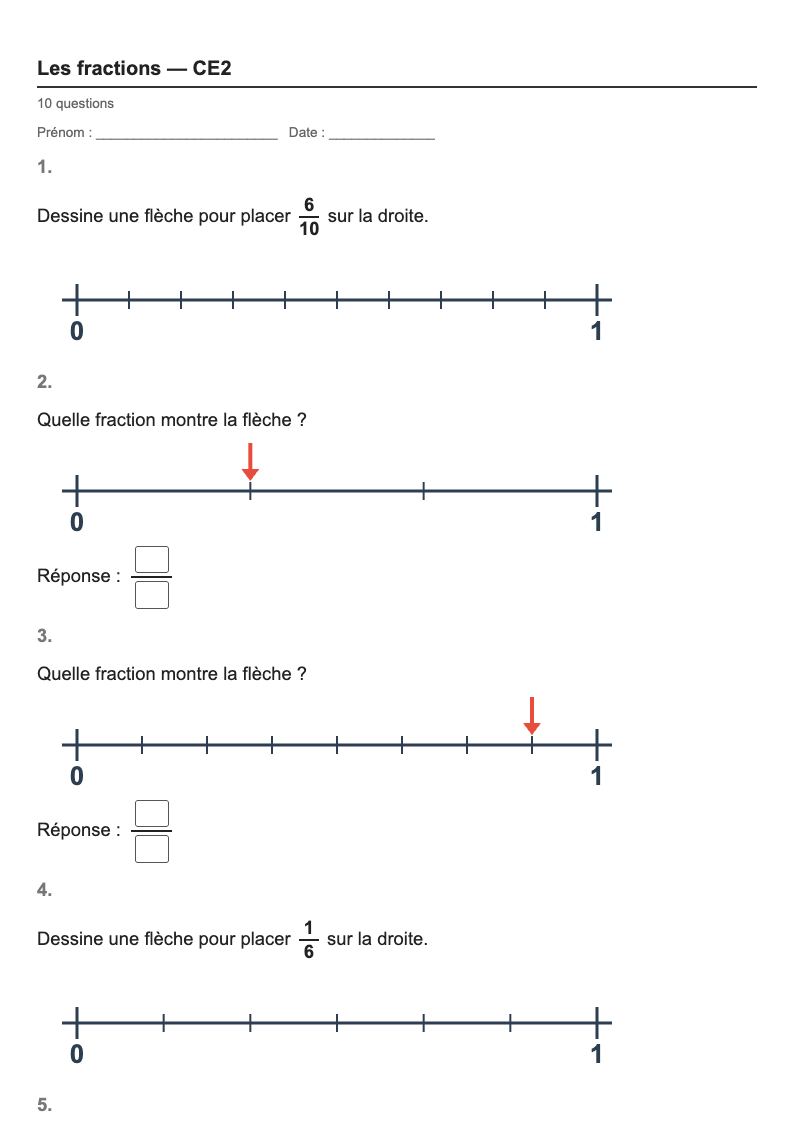 Les fractions — CE2 : les fractions sur la droite, fiches d'exercices à imprimer