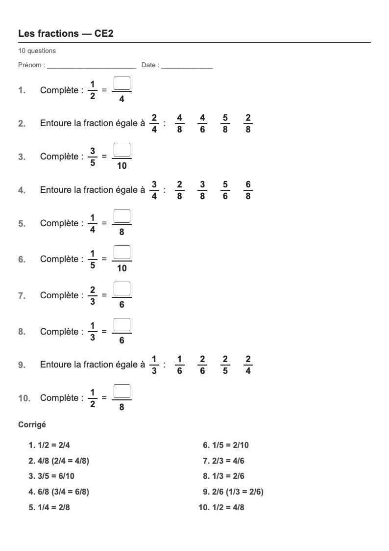 Les fractions — CE2 : les fractions égales, fiches d'exercices à imprimer