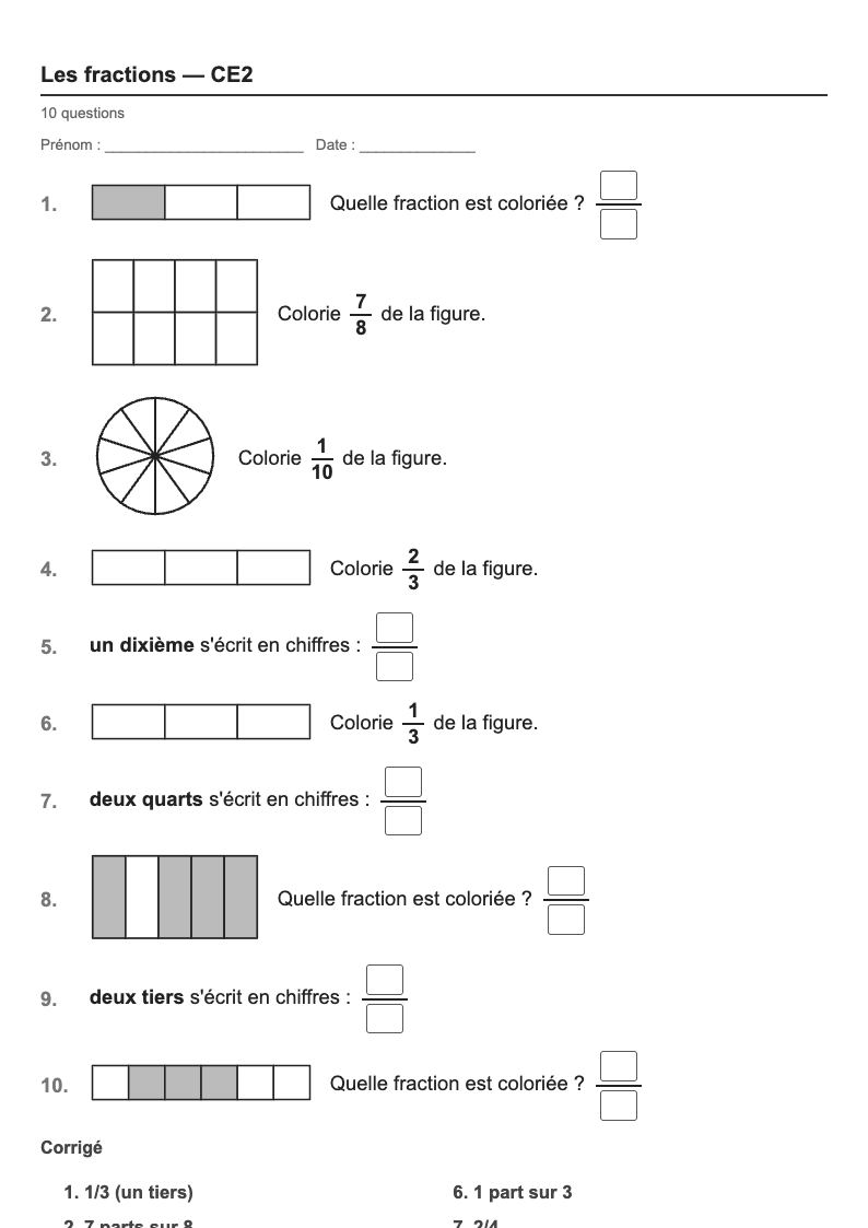 Les fractions — CE2 : les fractions jusqu’à 1 (2/3, 3/4…), fiches d'exercices à imprimer