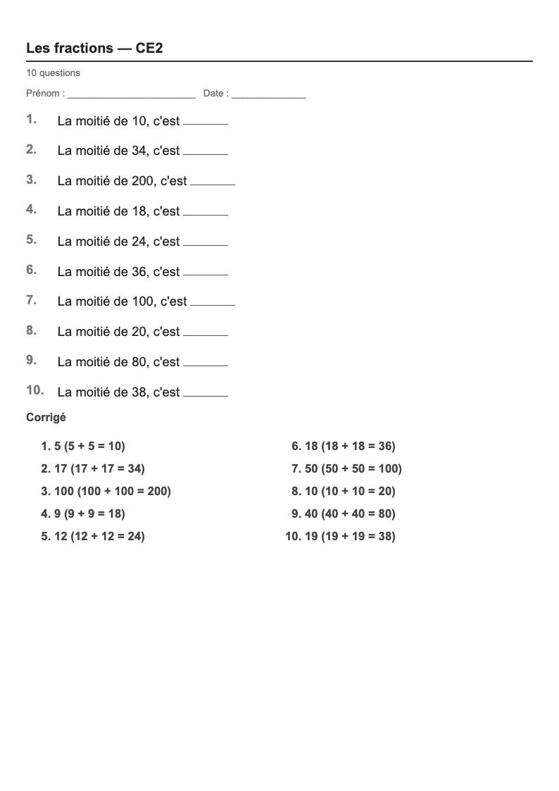 Les fractions — CE2 : la moitié de…, fiches d'exercices à imprimer