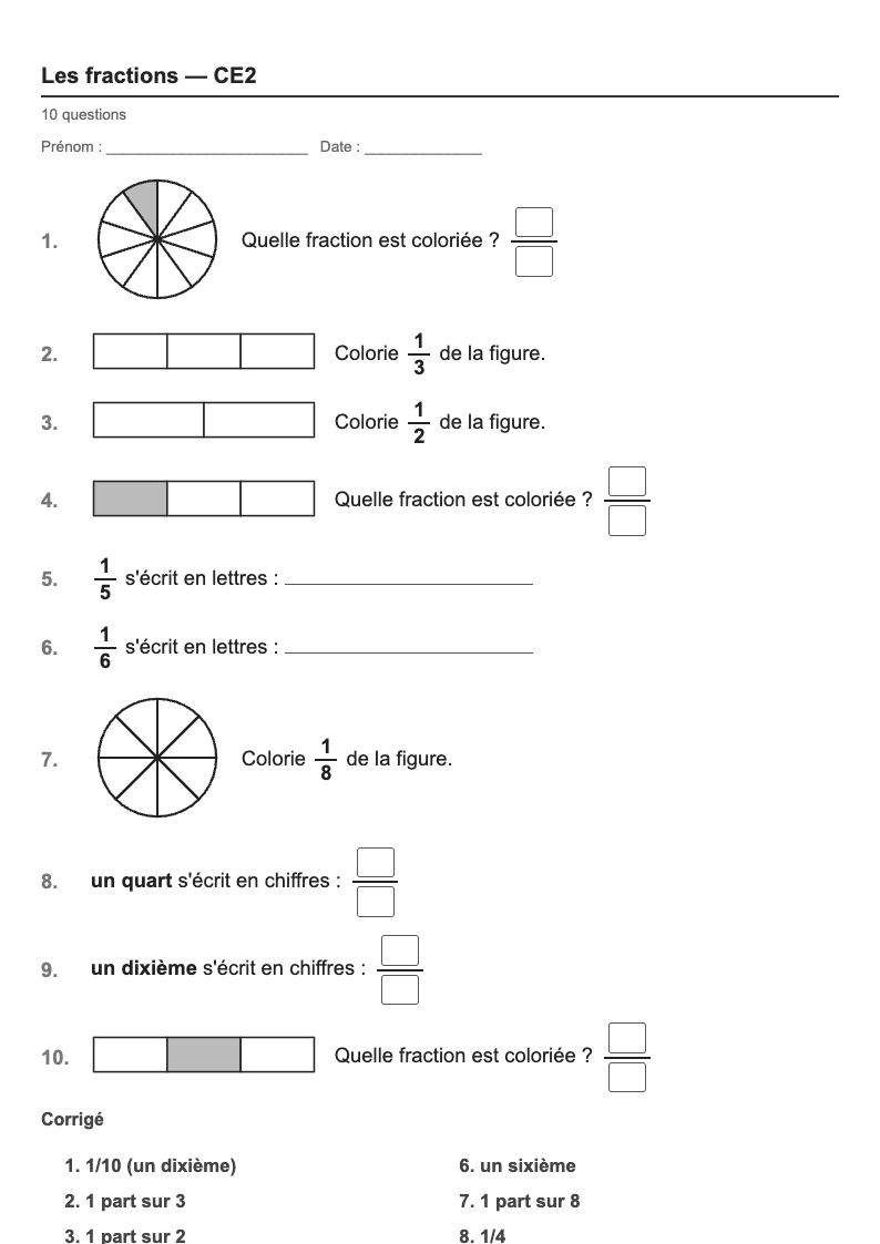 Les fractions — CE2 : un demi, un tiers, un quart…, fiches d'exercices à imprimer