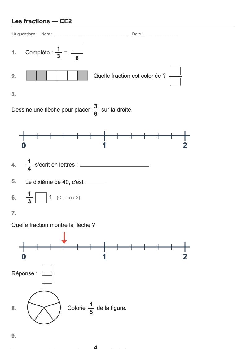 Les fractions — CE2 : fiches d'exercices à imprimer