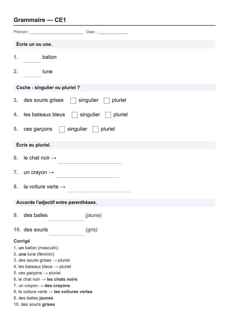 Grammaire — CE1 : genre, nombre et accords, fiches d'exercices à imprimer