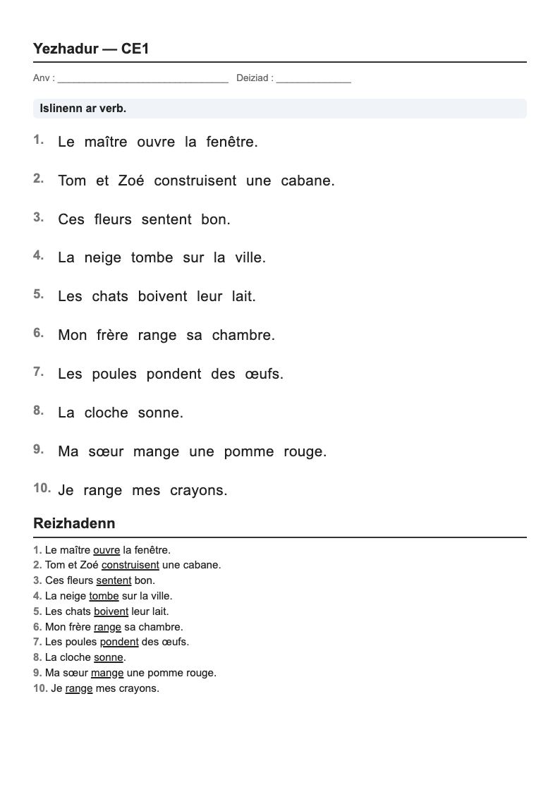 Grammaire — CE1 : fiches d'exercices à imprimer (consignes en breton)