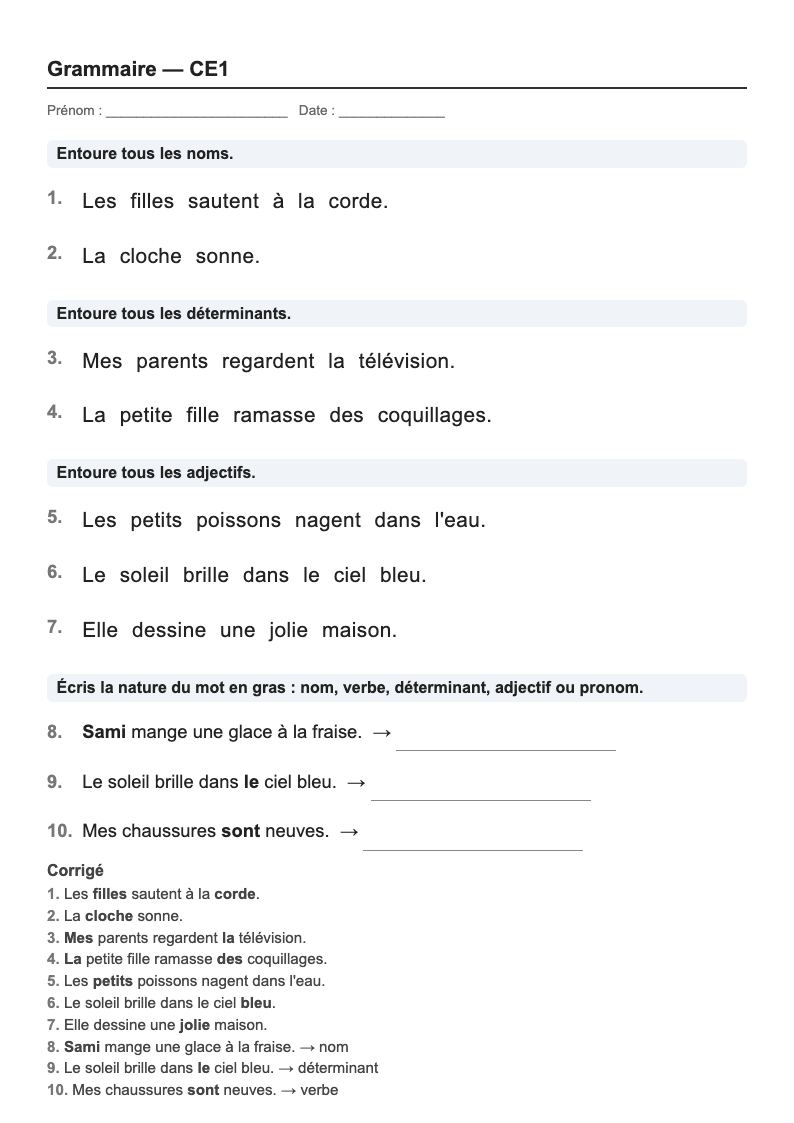 Grammaire — CE1 : la nature des mots, fiches d'exercices à imprimer