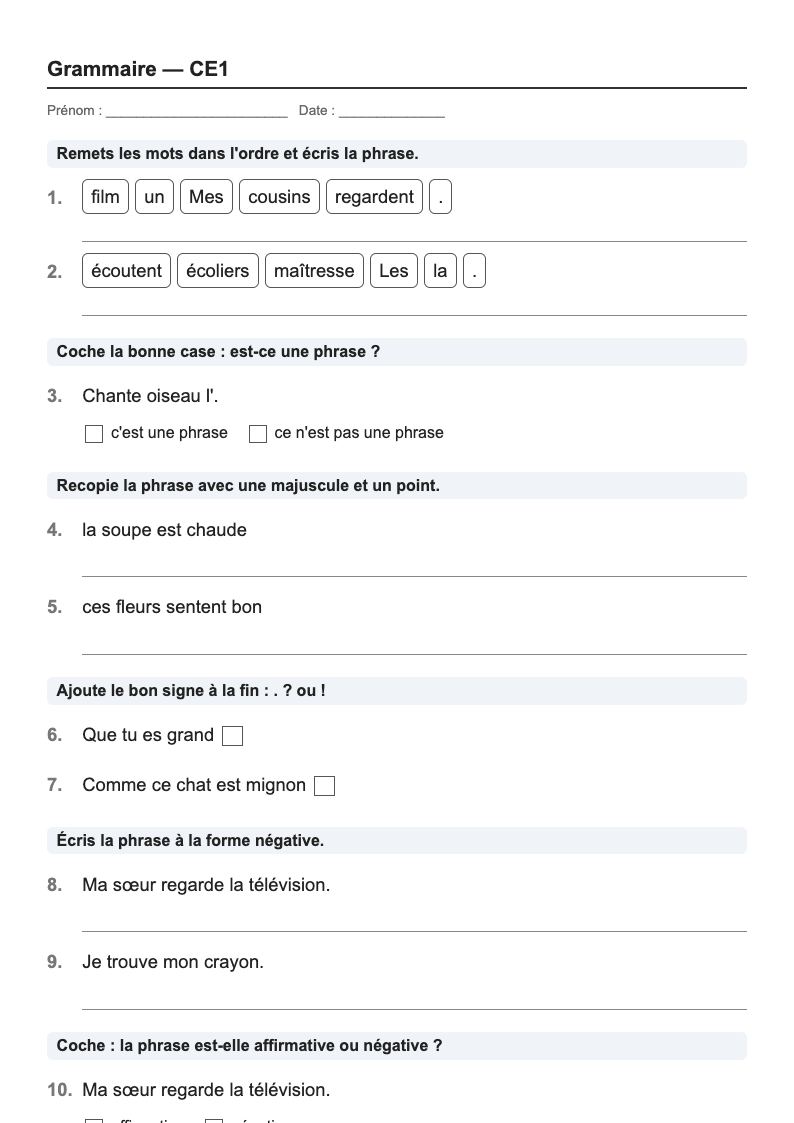 Grammaire — CE1 : la phrase, fiches d'exercices à imprimer