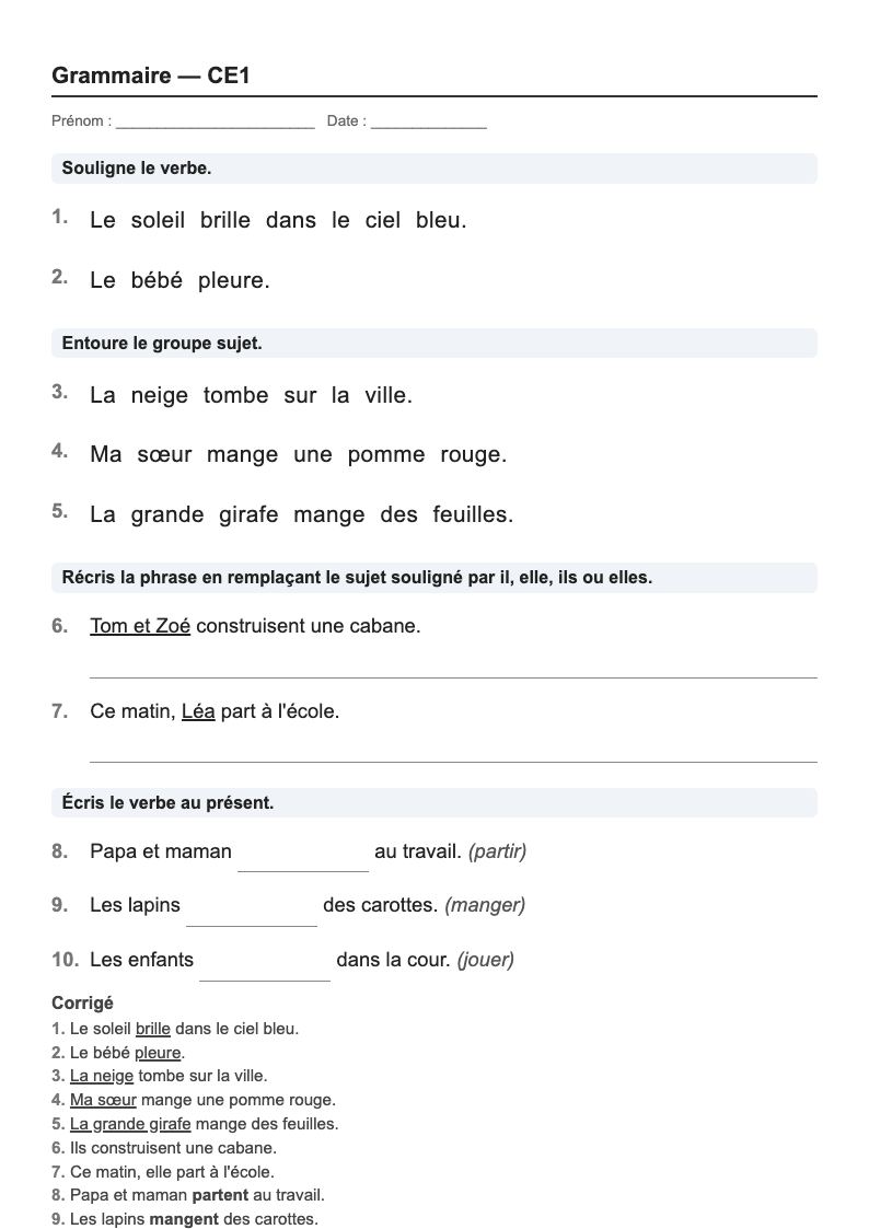 Grammaire — CE1 : le verbe et son sujet, fiches d'exercices à imprimer