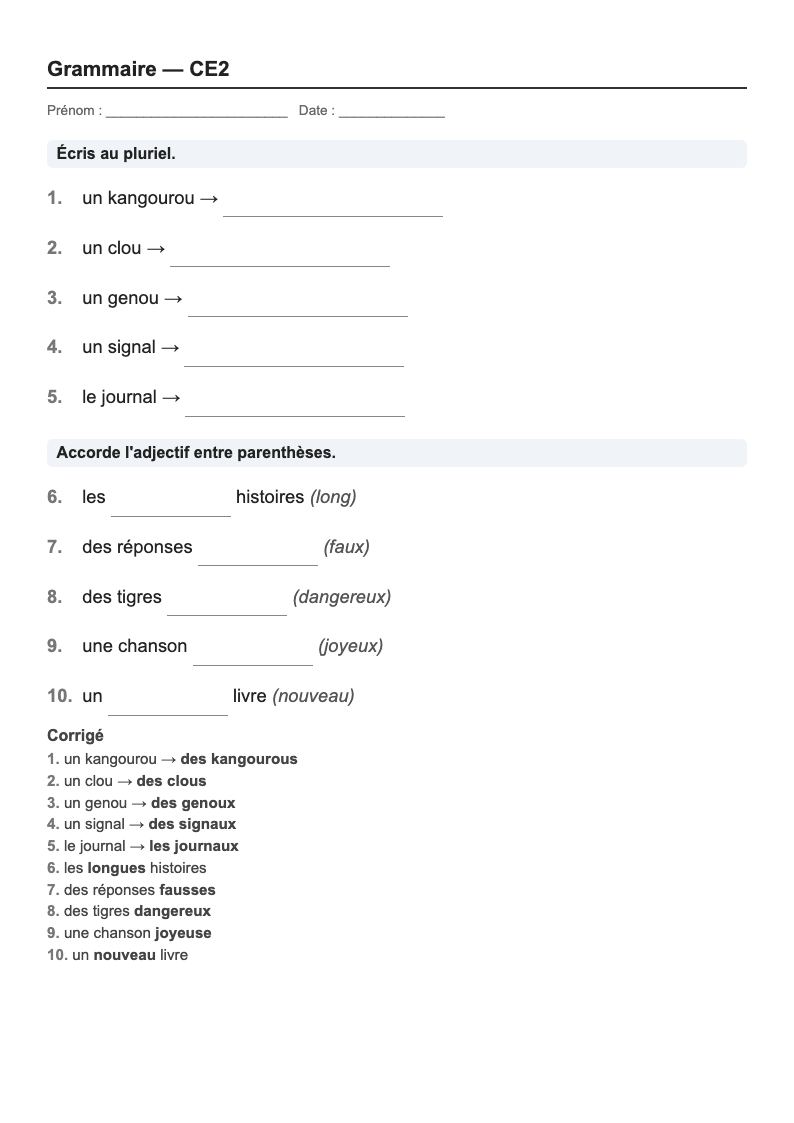 Grammaire — CE2 : genre, nombre et accords, fiches d'exercices à imprimer
