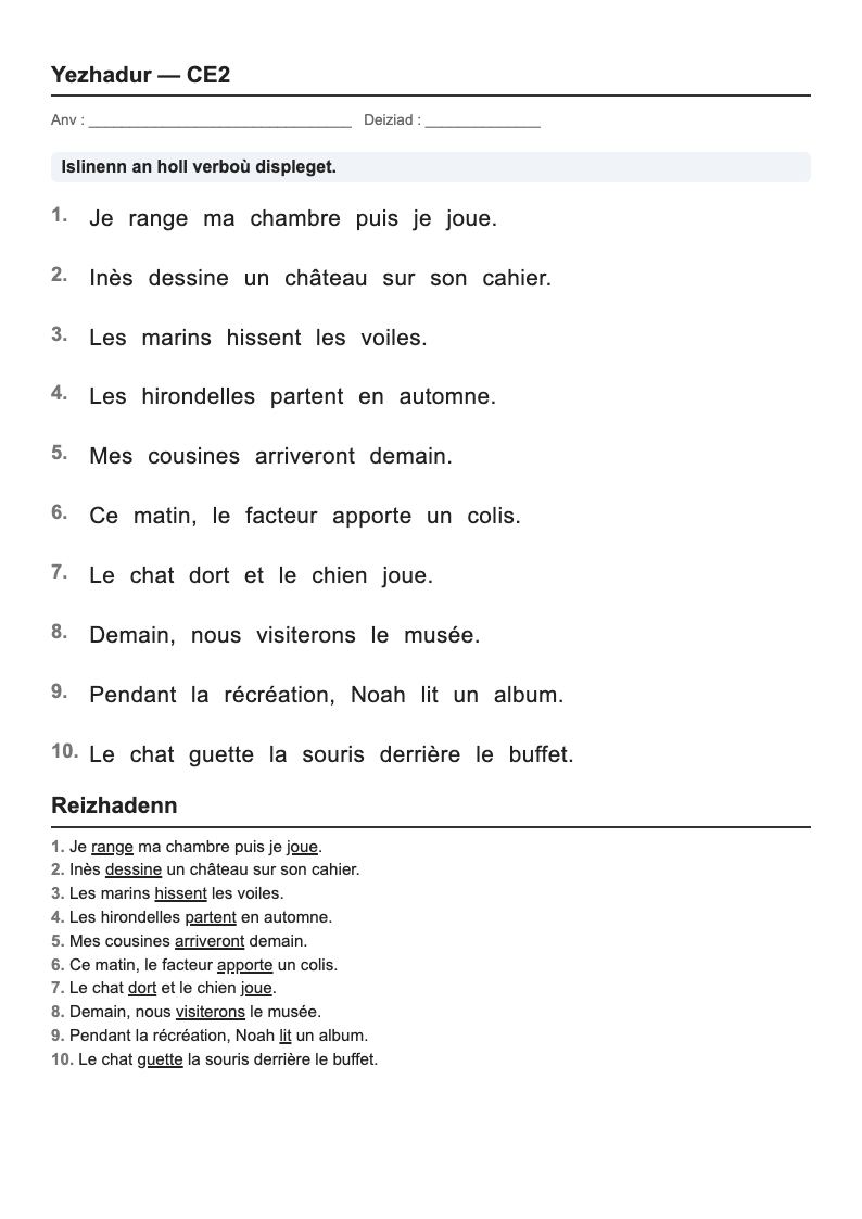 Grammaire — CE2 : fiches d'exercices à imprimer (consignes en breton)