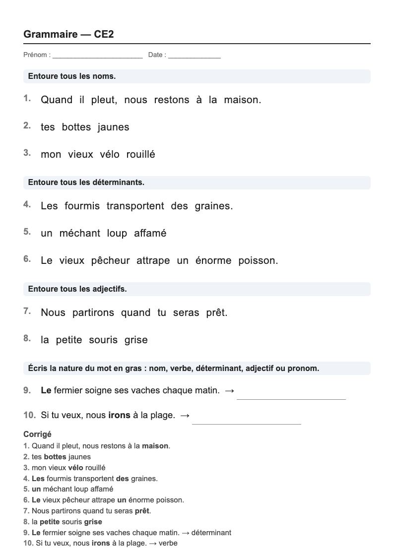 Grammaire — CE2 : la nature des mots, fiches d'exercices à imprimer