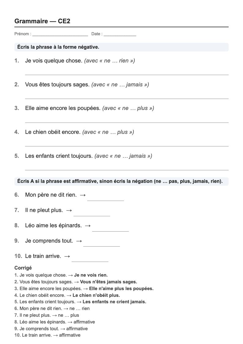 Grammaire — CE2 : la phrase, fiches d'exercices à imprimer