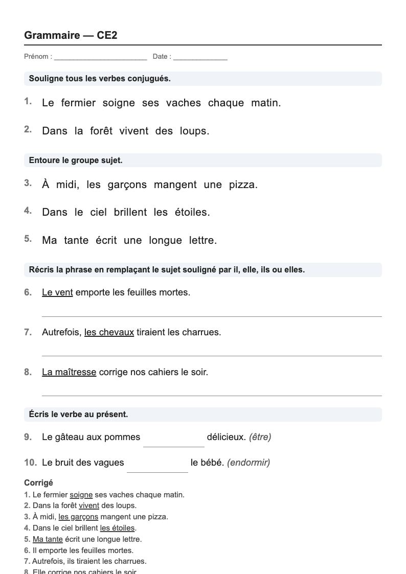 Grammaire — CE2 : le verbe et son sujet, fiches d'exercices à imprimer