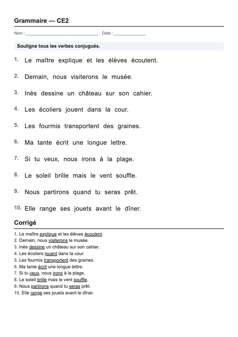Grammaire — CE2 : fiches d'exercices à imprimer