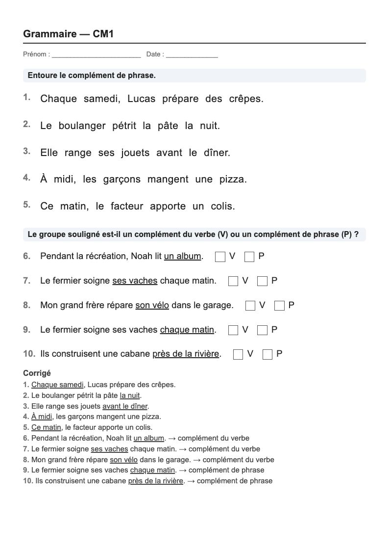 Grammaire — CM1 : les compléments, fiches d'exercices à imprimer