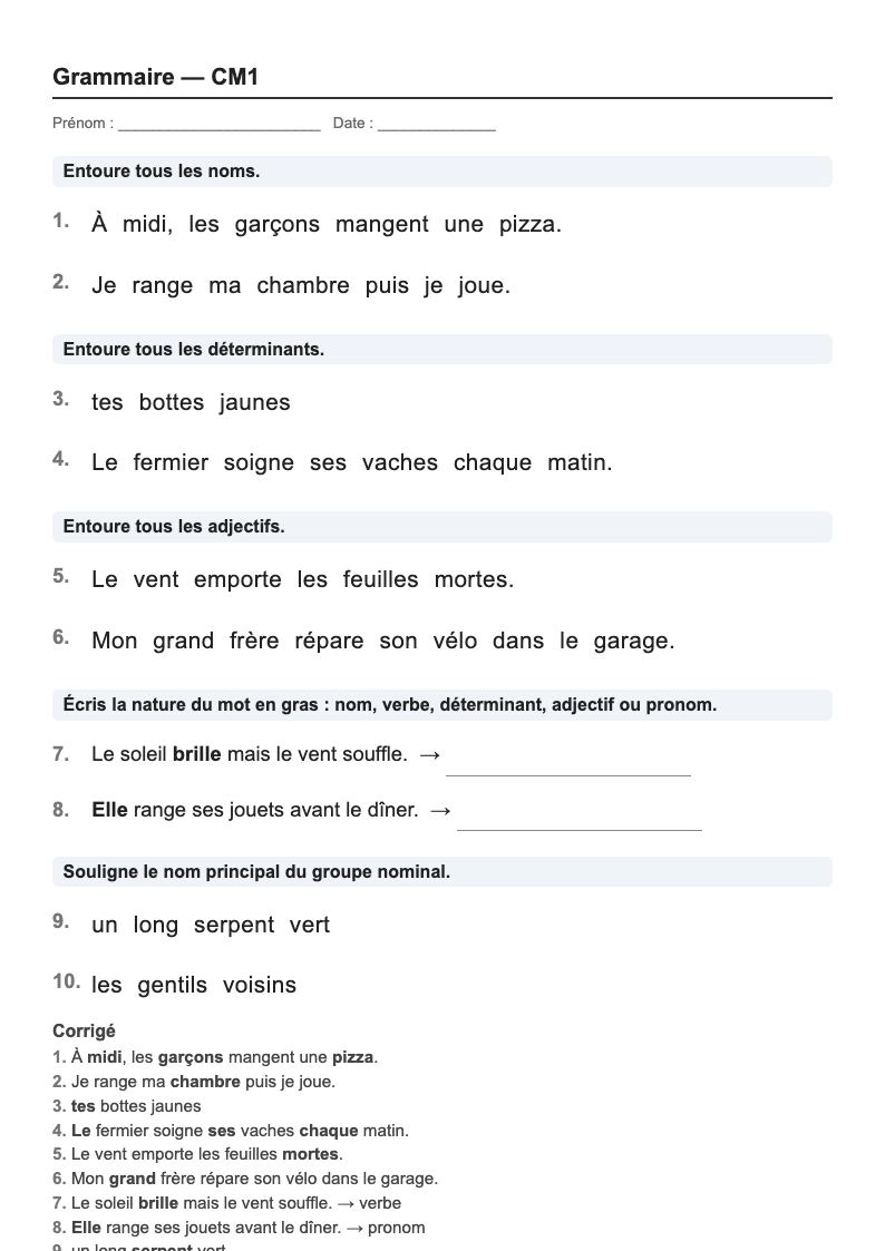 Grammaire — CM1 : la nature des mots, fiches d'exercices à imprimer
