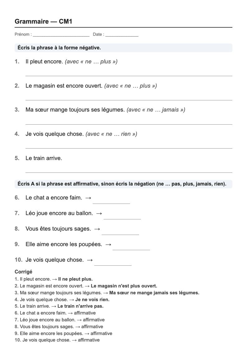 Grammaire — CM1 : la phrase, fiches d'exercices à imprimer