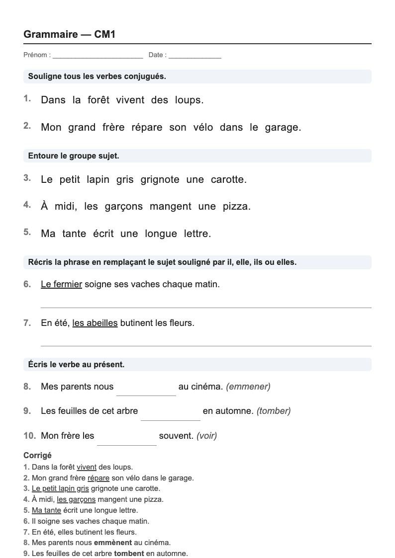 Grammaire — CM1 : le verbe et son sujet, fiches d'exercices à imprimer