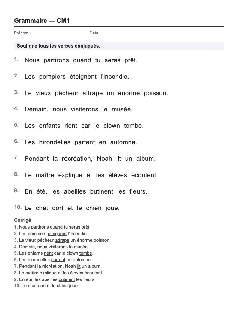 Grammaire — CM1 : fiches d'exercices à imprimer