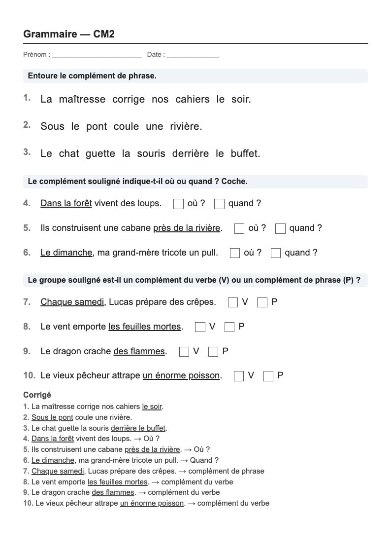 Grammaire — CM2 : les compléments, fiches d'exercices à imprimer