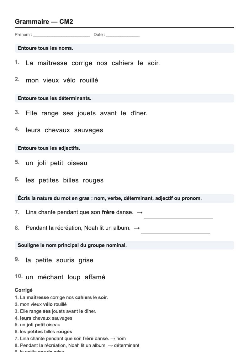Grammaire — CM2 : la nature des mots, fiches d'exercices à imprimer
