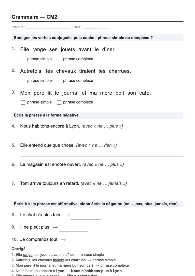 Grammaire — CM2 : la phrase, fiches d'exercices à imprimer