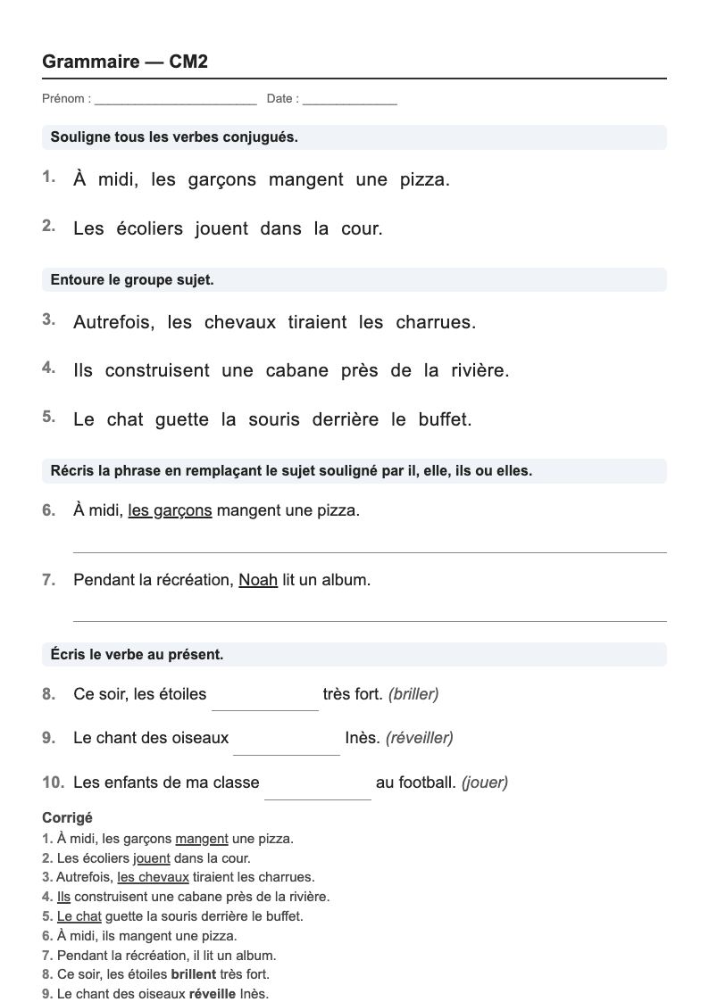 Grammaire — CM2 : le verbe et son sujet, fiches d'exercices à imprimer