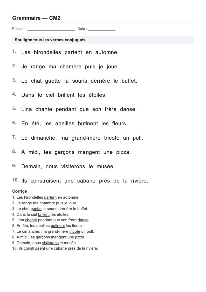 Grammaire — CM2 : fiches d'exercices à imprimer