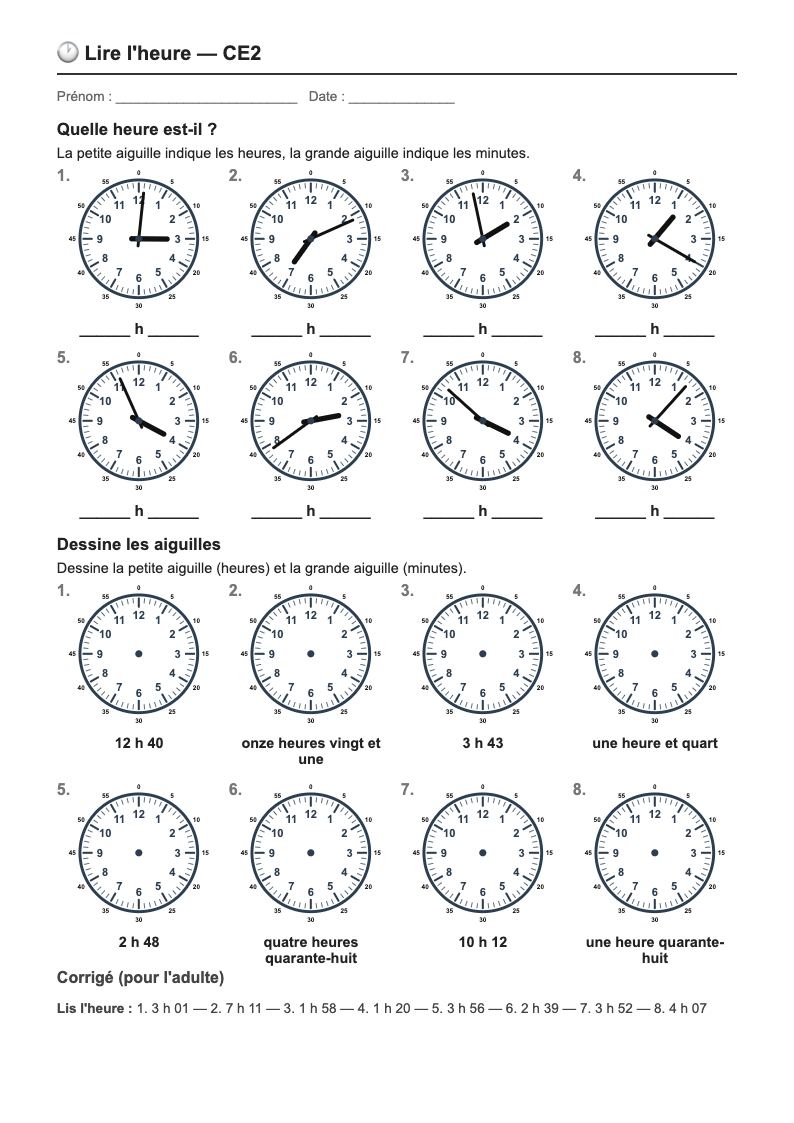 Lire l'heure — CE2 : lire et placer l'heure à la minute près, fiches d'exercices à imprimer