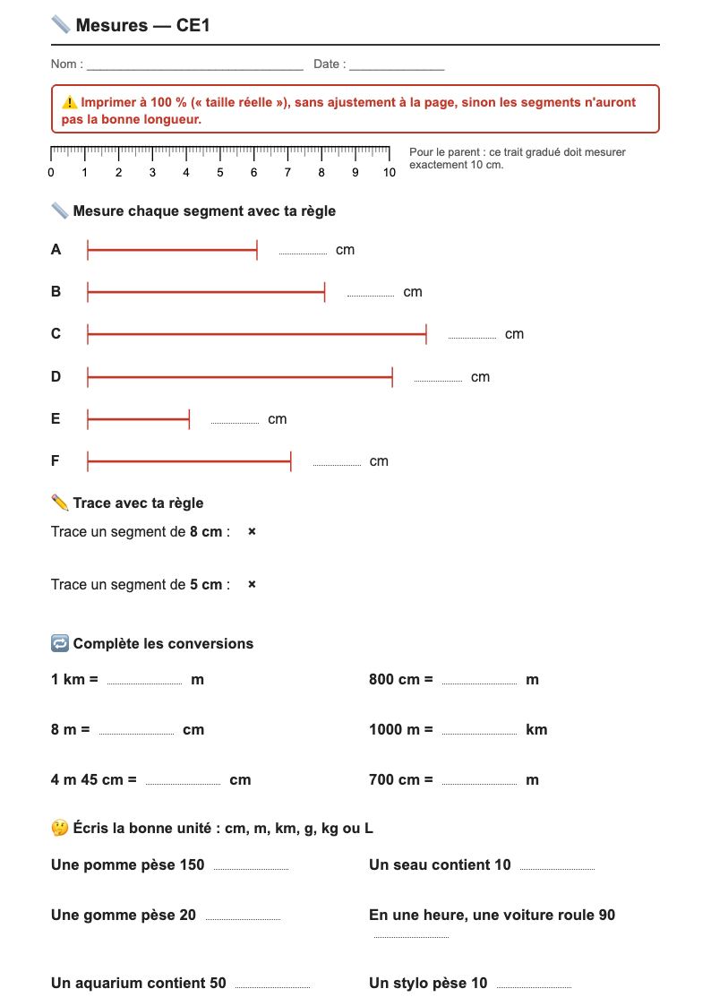 Mesures — CE1 : fiches d'exercices à imprimer
