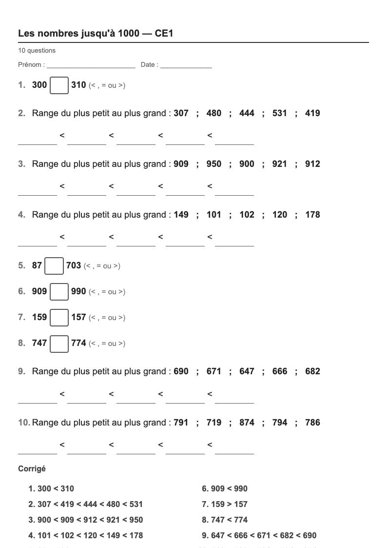 Les nombres — CE1 : comparer et ranger, fiches d'exercices à imprimer