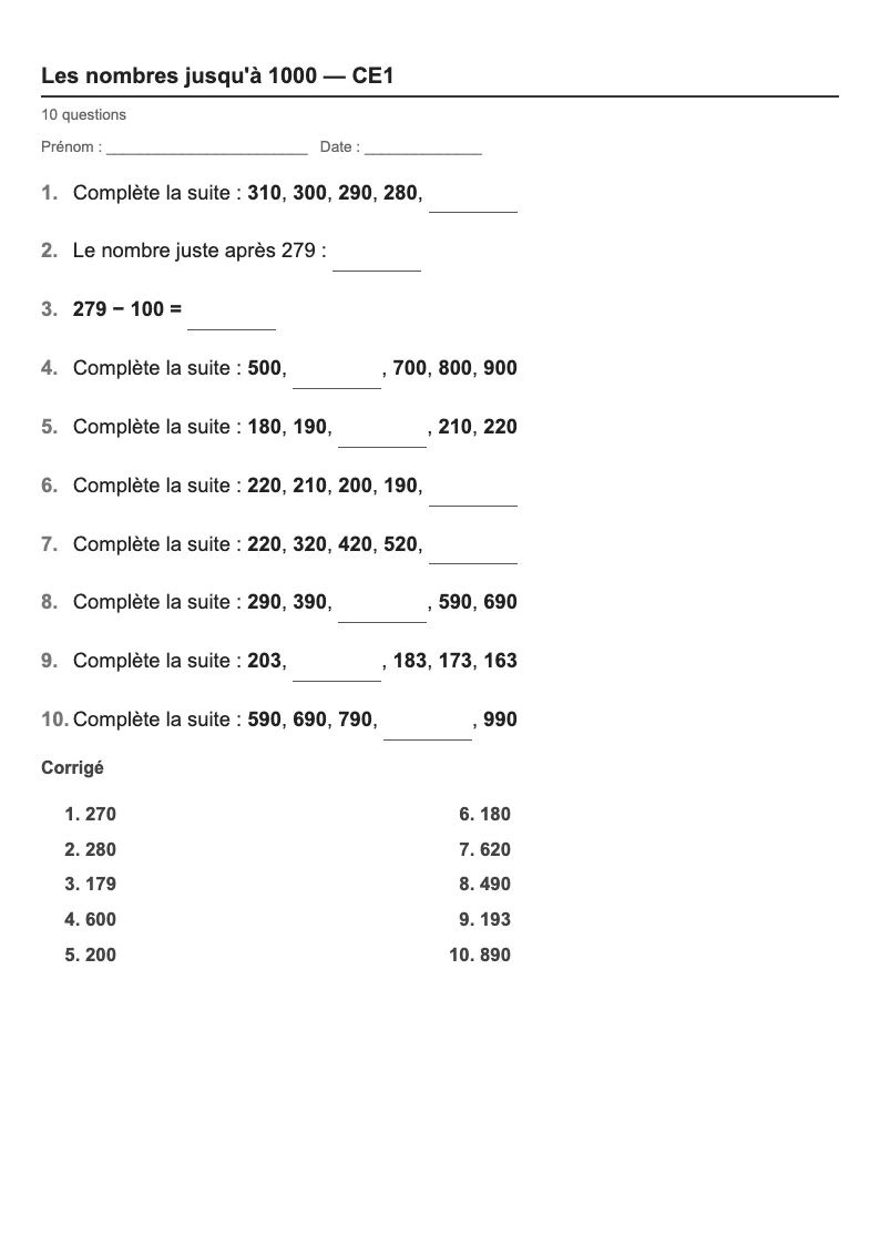 Les nombres — CE1 : les suites de nombres, fiches d'exercices à imprimer