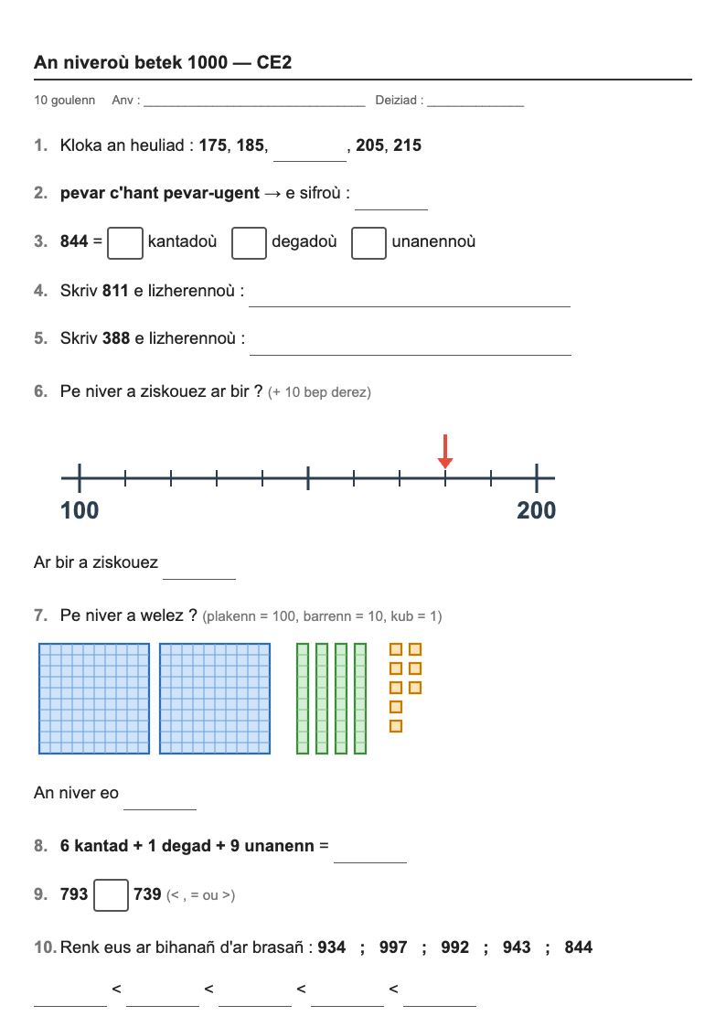 Les nombres — CE2 : fiches d'exercices à imprimer (consignes en breton)