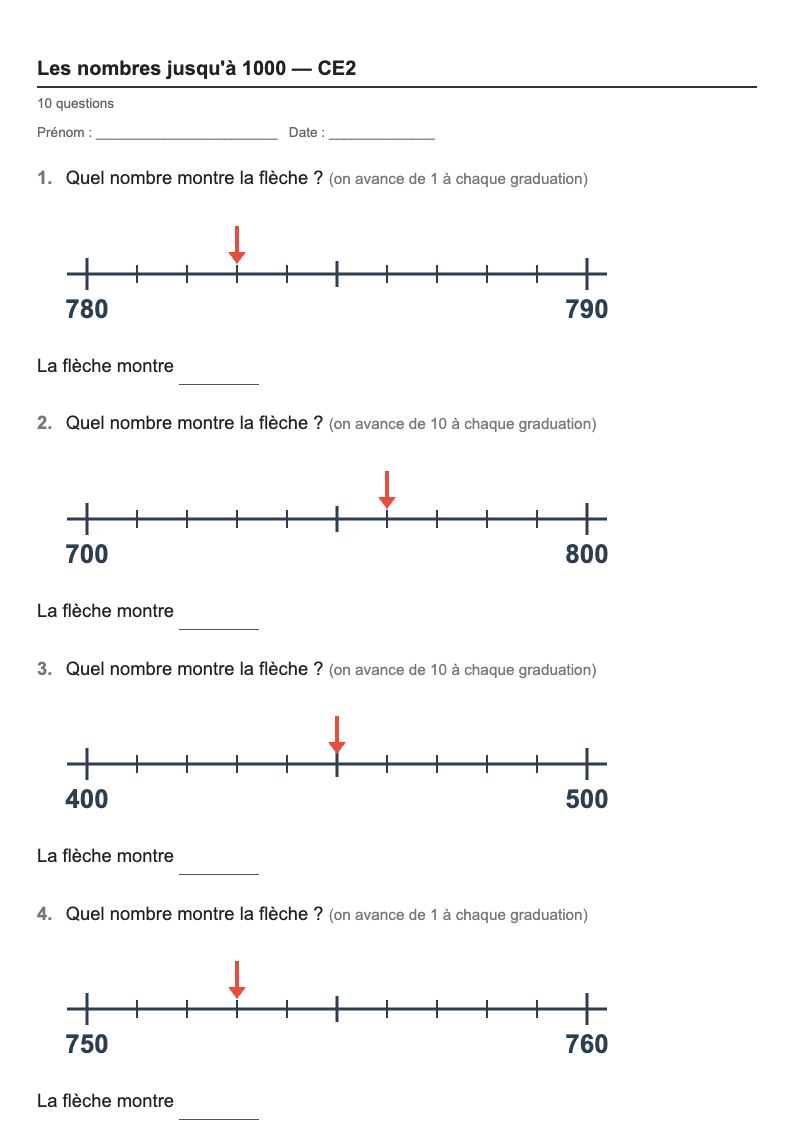 Les nombres — CE2 : la droite graduée, fiches d'exercices à imprimer