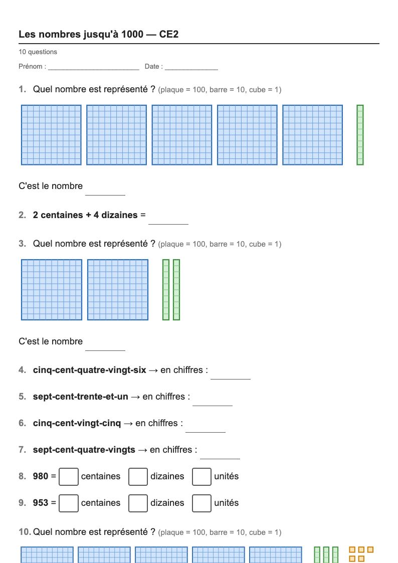 Les nombres — CE2 : lire, écrire et décomposer les nombres, fiches d'exercices à imprimer
