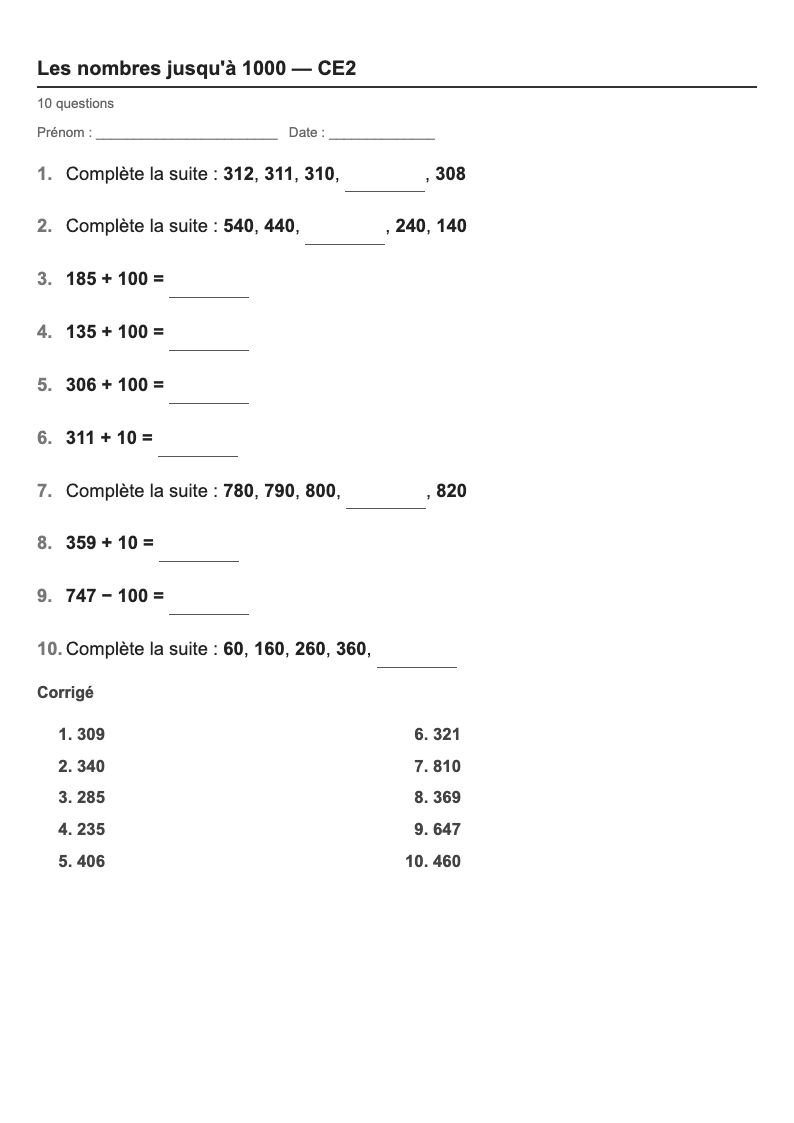 Les nombres — CE2 : les suites de nombres, fiches d'exercices à imprimer