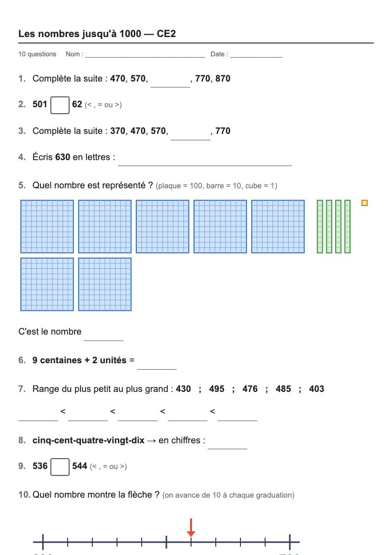 Les nombres — CE2 : fiches d'exercices à imprimer